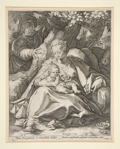 La Sacra Famiglia sotto il ciliegio / Riposo durante la fuga in Egitto sotto un ciliegio da Hendrick Goltzius