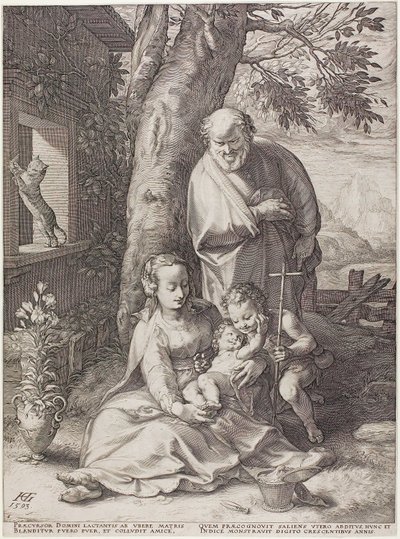La Sacra Famiglia con il piccolo Giovanni Battista, tavola sei da La nascita e la prima vita di Cristo da Hendrick Goltzius