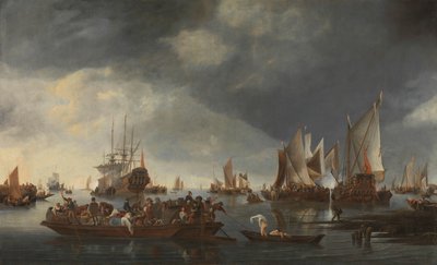 Porto con barche a vela e traghetto da Hendrick Jacobsz. Dubbels