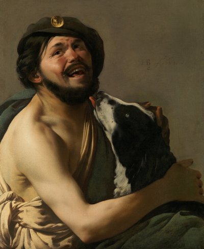Un bravo che ride con il suo cane Diogene, 1628 da Hendrick Jansz Terbrugghen