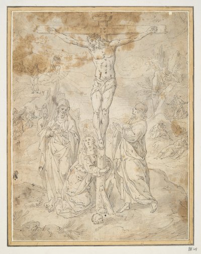 Cristo sulla croce tra la Vergine e San Giovanni con scene della Passione sullo sfondo da Hendrick de Clerck