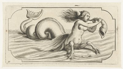 Figura femminile che soffia in una conchiglia (Nouveau Livre des Dieux et Deeßes De la Marine Bouckje van Zeegoden en Godinnen) da Hendrick de Keyser (I)