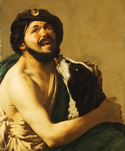 Un bravo che ride con un cane da Hendrick ter Brugghen