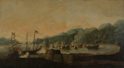 Uno squadrone olandese sotto il comando di Cornelis Simonsz van der Veer che effettua un attacco a sorpresa su tre galeoni portoghesi nella baia di Goa Velha, 30 settembre 1639 da Hendrick van Anthonissen