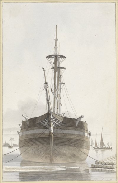 Nave a vela vista di fronte in un porto di legname da Hendrik Abraham Klinkhamer