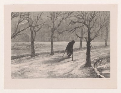 Uomo con stampelle in un paesaggio invernale da Hendrik Adriaan Christiaan Dekker