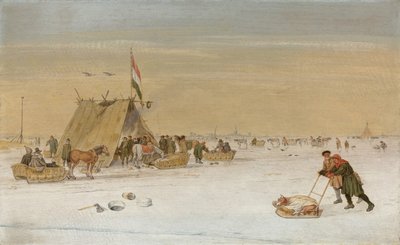 Paesaggio invernale con figure sul ghiaccio vicino a una tenda koek-en-zopie da Hendrik Avercamp
