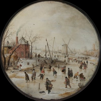 Fiume ghiacciato con pattinatori - Dipinto di Hendrick Avercamp da Hendrik Avercamp