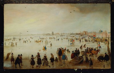 Pattinatori, giocatori di golf, signore e gentiluomini eleganti su acque alluvionali ghiacciate presso la Broederpoort a Kampen da Hendrik Avercamp