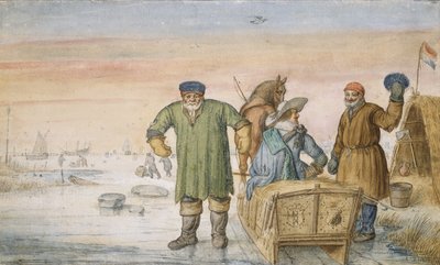 Due vecchi accanto a una slitta che porta gli stemmi di Amsterdam e Utrecht da Hendrik Avercamp
