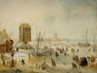 Paesaggio invernale con pattinatori su un fiume vicino a un mulino a vento da Hendrik Avercamp