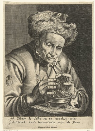 Un anziano che soffia su un carbone da Hendrik Bary