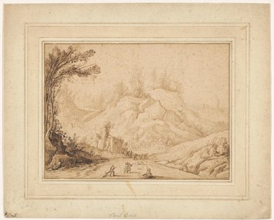 Paesaggio montano con figure su una strada vicino a una locanda da Hendrick Cornelisz. Vroom