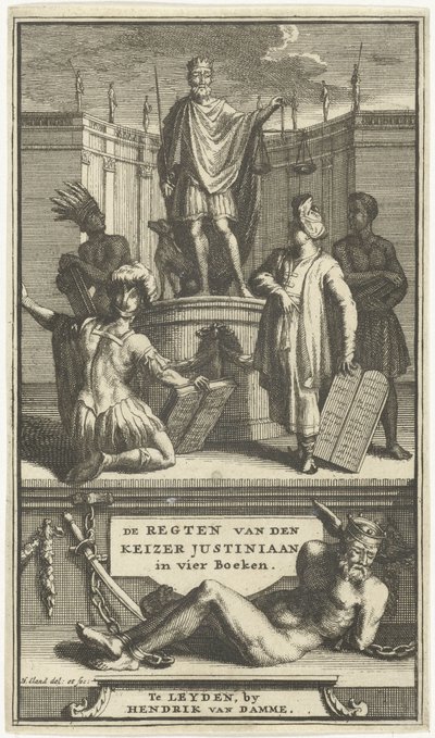 Pagina del titolo per De regten van den keizer Justiniaan, Leiden, 1705 da Hendrik Elandt