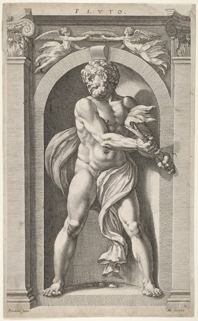 Plutone, sul verso schizzi di una figura, quattro teste e una colonna da Hendrik Goltzius