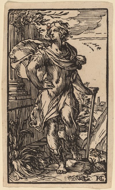 Giovane in piedi con un bastone da Hendrik Goltzius
