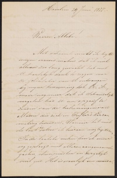 Lettera ad August Allebé da Hendrik Jacobus Scholten