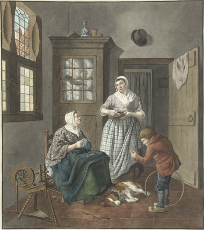 Interno con donna che cuce, domestica e bambino che gioca da Hendrik Jan van Amerom
