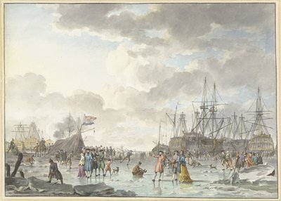 Fiera del gelo su un fiume ghiacciato con navi da Hendrik Kobell
