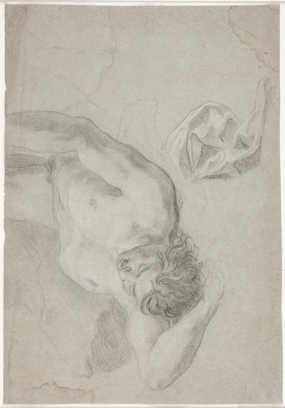 Studio di modello maschile, sdraiato sulla schiena, studio di ginocchio e drappeggio da Hendrik Krock