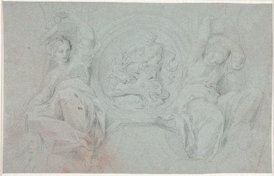 Due figure femminili sedute intorno a un medaglione con la lotta di Ercole (o Sansone) con il leone da Hendrik Krock