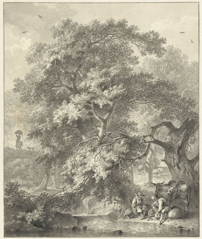 Paesaggio boschivo con pastori riposanti vicino a una cascata da Hendrik Meijer