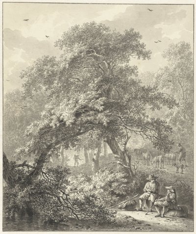 Paesaggio boschivo con viaggiatori riposanti sotto un albero da Hendrik Meijer