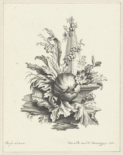 Ornamento con melograno con foglie e obelisco da Hendrik Nieuwenhuysen