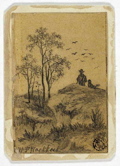Cacciatore e cane sulla collina che osservano gli uccelli da Hendrik Pieter Koekkoek