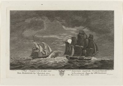 Sextroh insegue la Marianne, 1782 (La caccia alla nave inglese The Marianne Capt. Phielskerk da parte del corsaro di Zierikzee Capt. J:W:Sextroh la sera del 20 novembre 1782) da Hendrik Roosing