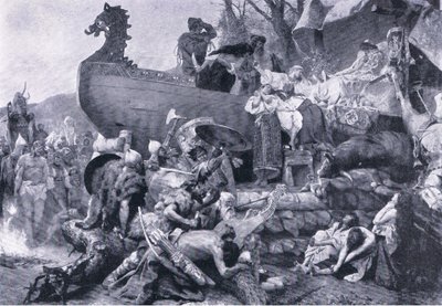 Cremazione di un capo nella Russia orientale, decimo secolo, illustrazione da Landmarks in European History pubblicata da Gresham Publishing Co, c.1920 (litografia) da Henryk Siemiradzki