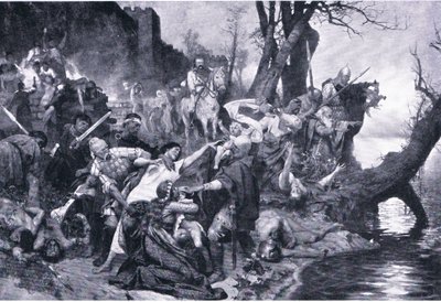 Guerrieri di Sviatoslav al massacro sotto le mura di Drster (Durostorus), illustrazione da Landmarks in European History pubblicata da Gresham Publishing Co, c.1920 da Henryk Siemiradzki