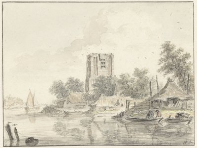 Paesaggio fluviale con una grande torre della chiesa da Hendrik Spilman