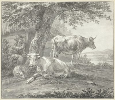 Due mucche e due pecore sotto un albero vicino a un fienile da Hendrik Stokvisch