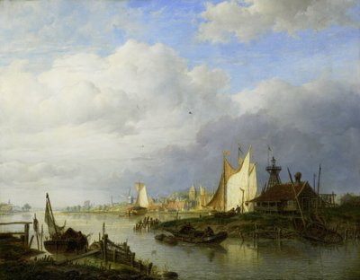 Barche su un fiume con un faro da Hendrik Vettewinkel