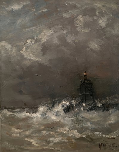 Faro tra le onde infrante. Circa 1900-07 da Hendrik Willem Mesdag