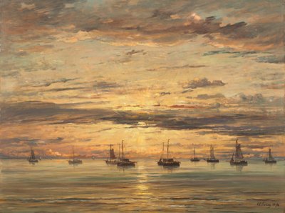 Tramonto a Scheveningen: una flotta di pescherecci all