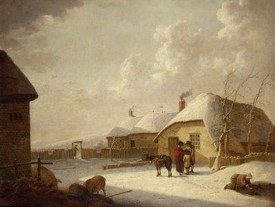 Figure Fuori da un Cottage nella Neve da Hendrik Willem Schweickardt