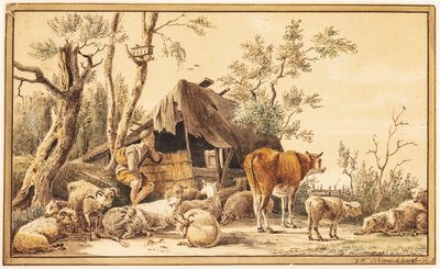 Un pastore con il suo gregge vicino a una capanna da Hendrik Willem Schweickhardt
