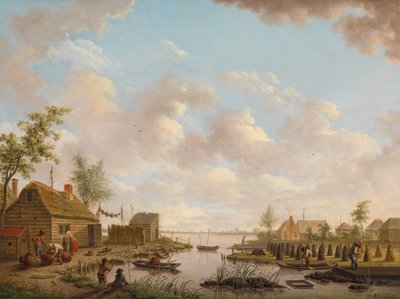 Paesaggio con pescatori e contadini che estraggono torba in una palude da Hendrik Willem Schweickhardt