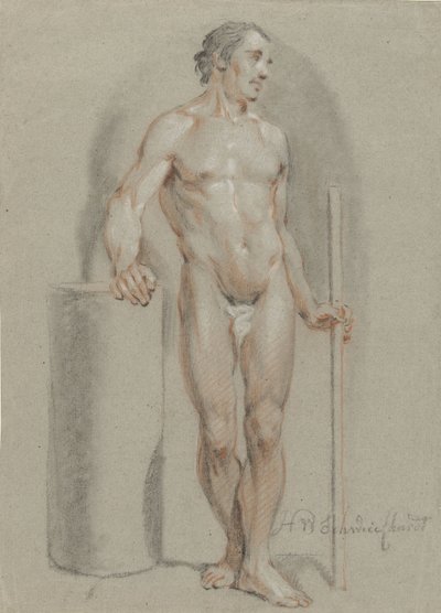 Nudo maschile in piedi, con un bastone in mano, appoggiato a un cilindro da studio da Hendrik Willem Schweickhardt