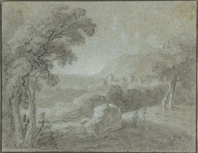 Paesaggio collinare meridionale con una città in lontananza da Hendrik Willem Schweickhardt