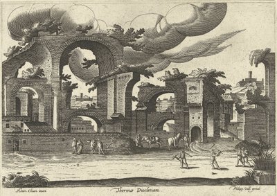Rovine delle Terme di Diocleziano con due uomini che giocano a croquet in primo piano, 1585 da Hendrik van Cleve III