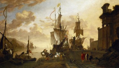 Navigazione a Livorno, due navi ormeggiate al molo, descrizione idealizzata del porto principale della Toscana da Hendrik van Minderhout