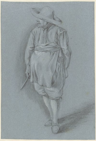 Uomo in abiti del XVII secolo con cappello, grembiule e coltello da Hendrik van Velthoven (attributed to)