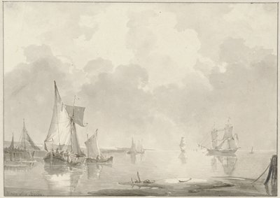 Vista della costa con navi in acque calme da Hendrik van den Helm
