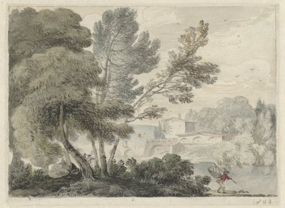 Paesaggio fluviale con un uomo con un retino in primo piano da Hendrik van der Straaten (possibly)