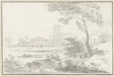 Paesaggio italianeggiante con edificio fortificato sullo sfondo da Hendrik van der Straaten