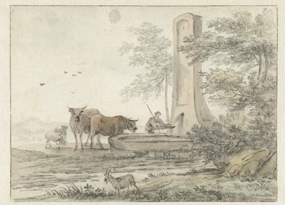 Paesaggio italianeggiante con pastore, bestiame e pecore a una fontana da Hendrik van der Straaten