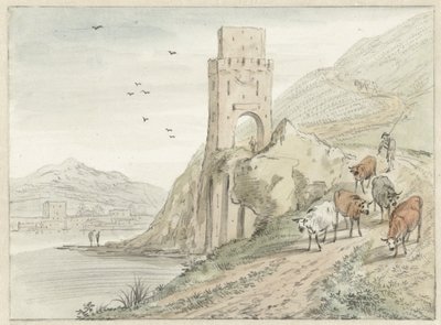 Paesaggio fluviale italianeggiante con montagne e una torre di guardia da Hendrik van der Straaten